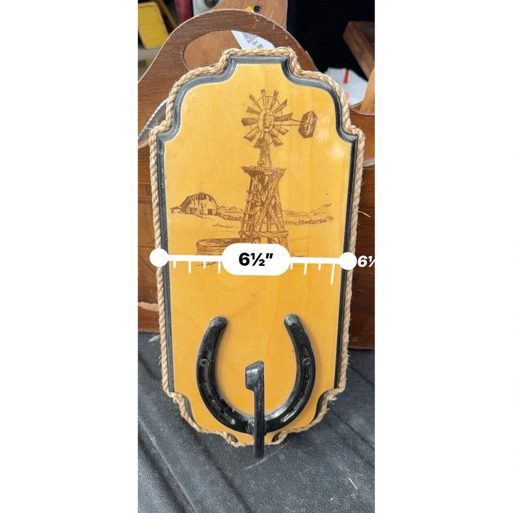 Western Wood Wall Plaque Windmill Horseshoe Hook Rustic Farmhouse Decor 13.5in